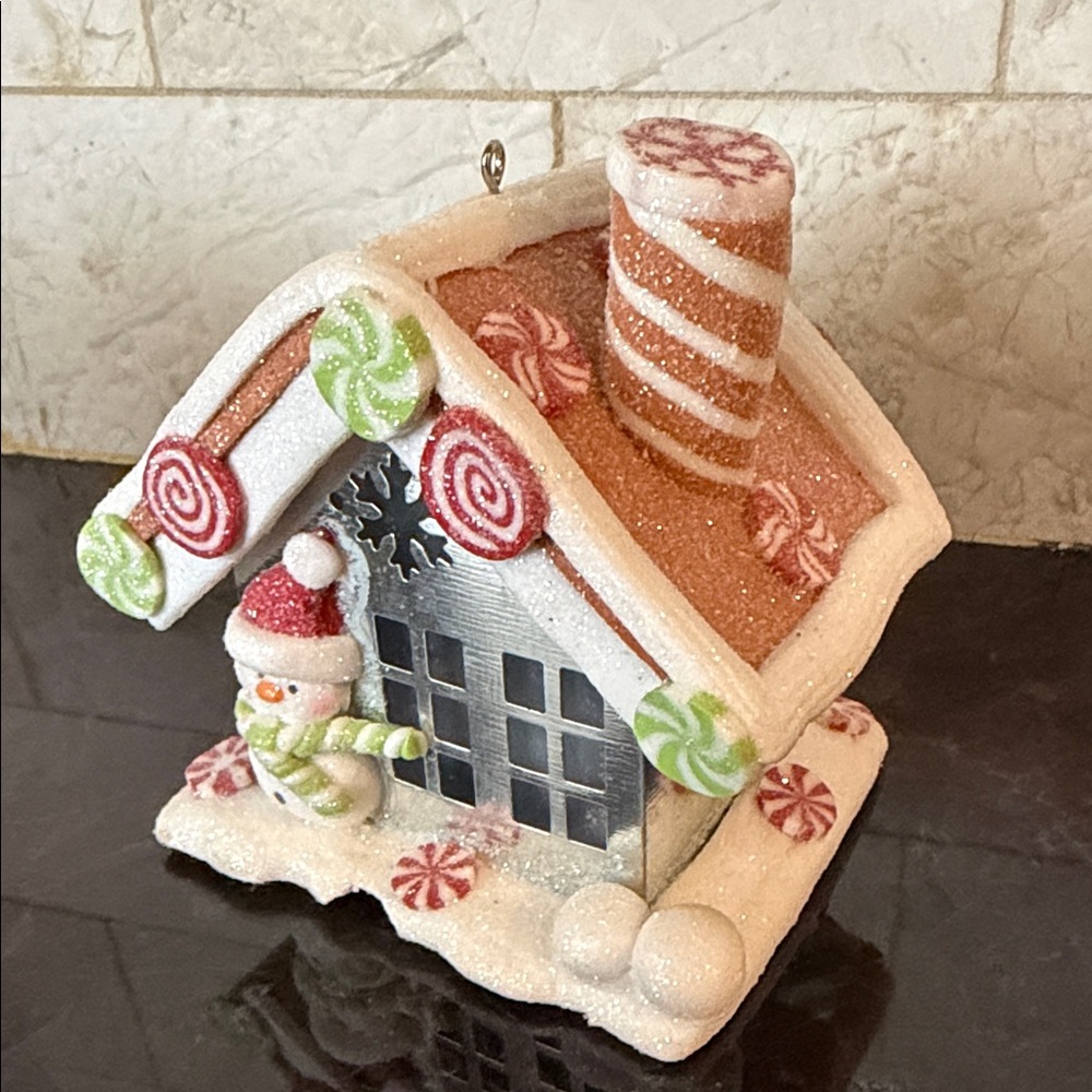 Festive Gingerbread House Ornament with Snowman